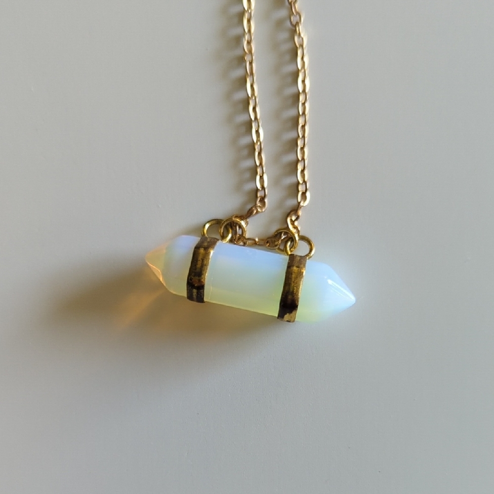 Opalite Double-Terminated Crystal Pendant Necklace - Gold Chain